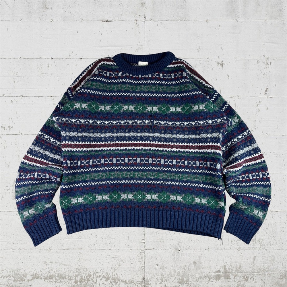 Vintage GreatLand Fair Isle Sweater Men Large Blue Nordic USA Cotton Chunky Knit